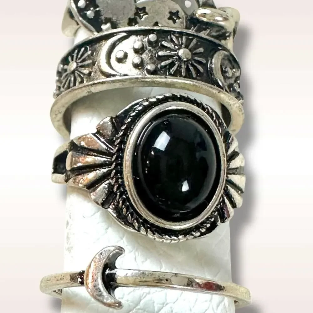 Free People Celestial Western Bohemian Ring Set Silver Onyx Snake Moon Star NWT